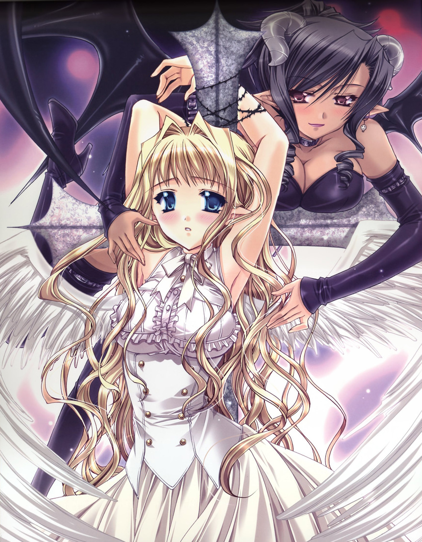 angel angel_and_devil armpits barbed_wire bdsm black_hair blonde_hair blue_eyes blush bondage bound breasts brown_eyes cleavage copyright_request cross demon_girl demon_wings drill_hair elbow_gloves gloves highres horns large_breasts long_hair multiple_girls pointy_ears ryuuga_shou wings