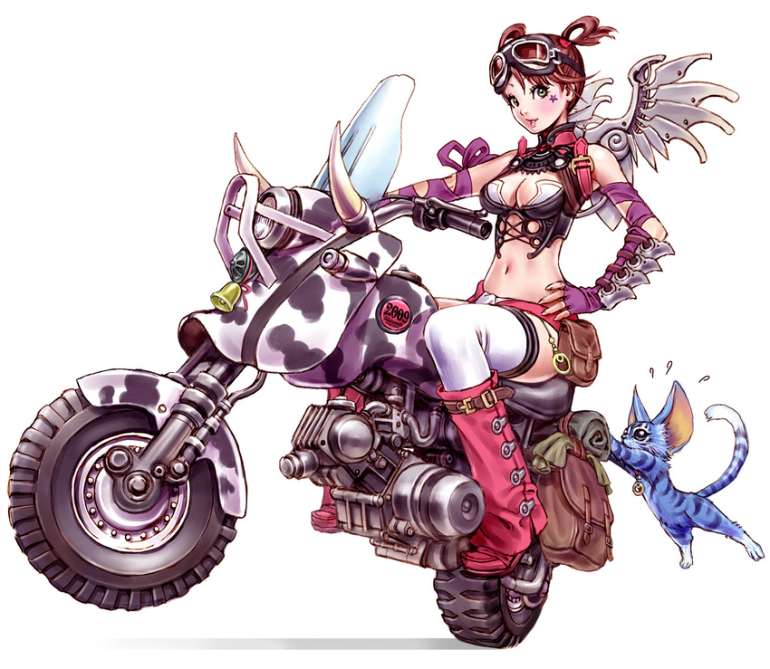 animal_print bad_id bad_pixiv_id bag bell boots breasts brown_hair bustier cat cleavage cow_print crop_top elbow_gloves facial_mark fingerless_gloves gloves goggles green_eyes ground_vehicle hand_on_hip highres large_breasts lingerie lips loose_socks midriff motor_vehicle motorcycle navel original pink_footwear pocco riding satchel short_hair short_twintails socks solo star strap sweatdrop thighhighs turtleneck twintails underwear wheelie white_legwear wings yamashita_shun'ya