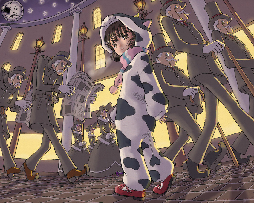 6+boys animal_costume animal_print bad_id bad_pixiv_id breath brown_eyes brown_hair cane child copyright_request cow_costume cow_print dress facial_hair glasses gloves hat hexagram highres hunchback lamppost looking_back mary_janes monocle moon multiple_boys multiple_girls mustache newspaper night old_man old_woman pajamas pavement scarf shoes skyape star top_hat walking