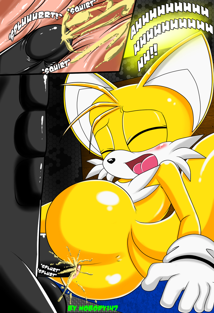 2013 abs anal anal_penetration anthro anus balls blush canine comic cub cum cum_in_ass cum_inside dialog english_text erection eyes_closed fox fur gay internal male mammal miles_prower multiple_tails nobody147 nude open_mouth penetration penis sega sex sonic_(series) tails text tongue video_games young