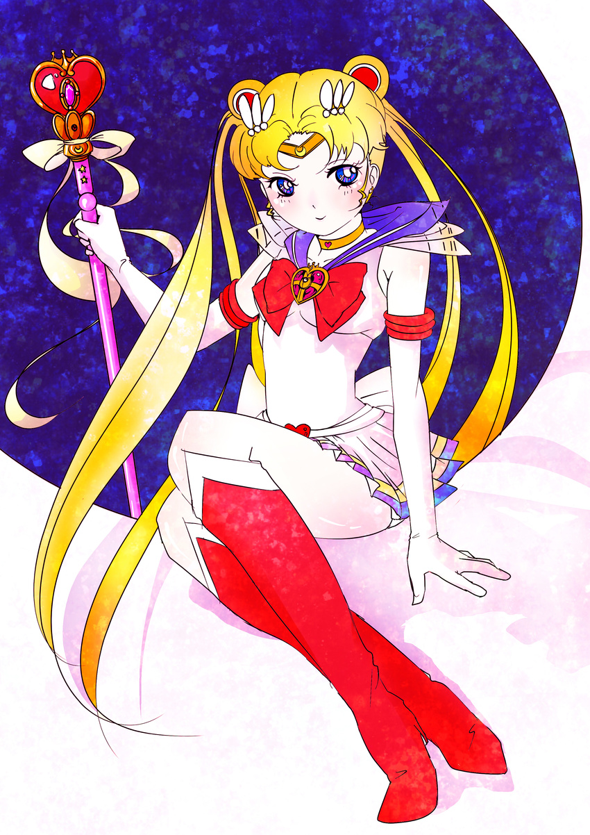 absurdres back_bow bishoujo_senshi_sailor_moon blonde_hair blue_eyes blue_sailor_collar boots bow chiheisen_soraruku full_body highres holding holding_wand long_hair multicolored multicolored_clothes multicolored_skirt red_bow red_footwear sailor_collar sailor_moon sailor_senshi_uniform sitting skirt solo spiral_heart_moon_rod super_sailor_moon tsukino_usagi twintails wand