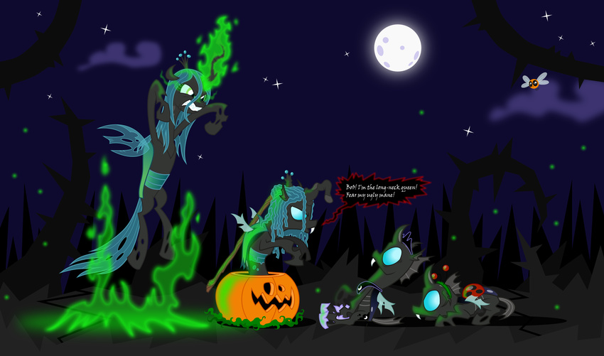 black_body blue_hair changeling clothing costume crown english_text equine eye_mist fangs female feral fire flames friendship_is_magic fur glowing green_eyes green_hair group hair halloween hi_res holidays horn jack_o'_lantern jack_o'_lantern long_hair magic mammal moon mop my_little_pony night open_mouth pumpkin queen_chrysalis_(mlp) royalty scared teeth text winged_unicorn wings zimvader42