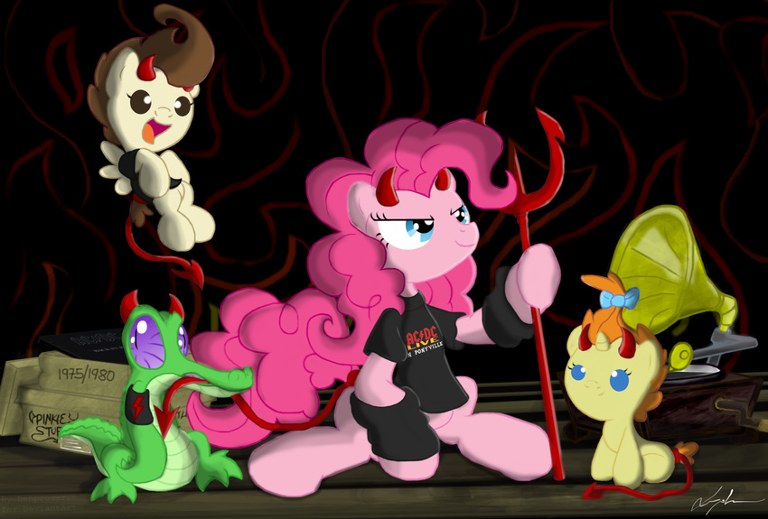 1980 ac/dc alligator benprower blue_eyes box brown_eyes brown_hair clothing cub cutie_mark english_text equine female feral friendship_is_magic fur group gummy_(mlp) hair horn horse long_hair male mammal my_little_pony open_mouth pegasus pink_fur pink_hair pinkie_pie_(mlp) pitchfork pony pound_cake_(mlp) pumpkin_cake_(mlp) purple_eyes reptile scalie shirt sitting smile text tongue unicorn wings young