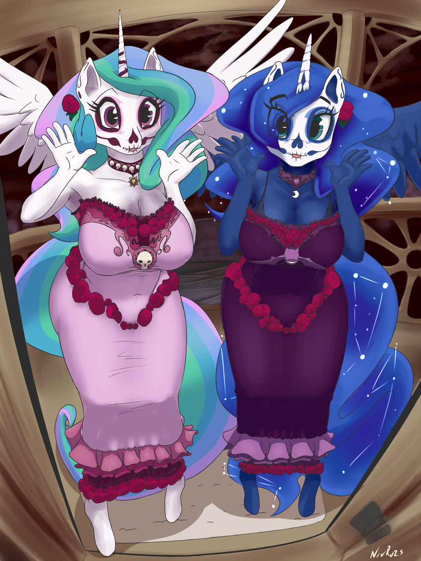 anthrofied breasts dress duo equine female friendship_is_magic hair horn horse looking_at_viewer mammal my_little_pony nightmare_night nivrozs pony princess_celestia_(mlp) princess_luna_(mlp) sibling sisters smile winged_unicorn wings