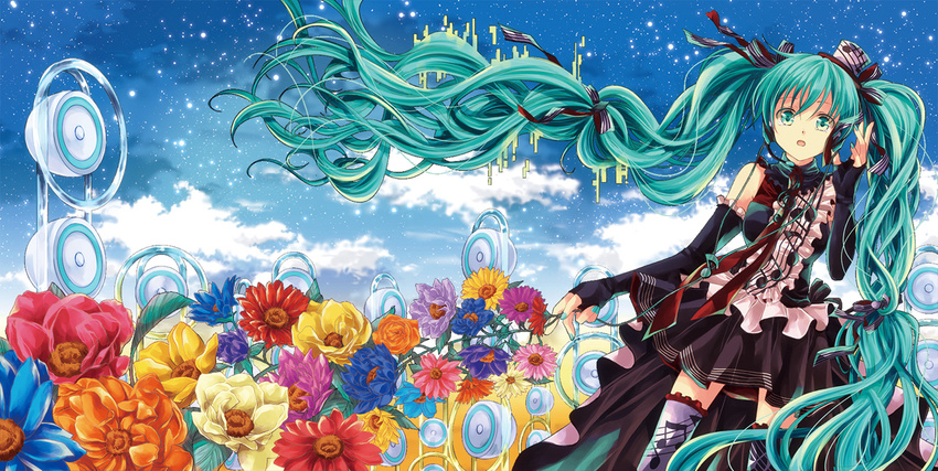 album_cover bad_id bad_pixiv_id beamed_eighth_notes cloud cover eighth_note elbow_gloves fingerless_gloves floating_hair flower gloves green_eyes green_hair hair_ribbon hat hatsune_miku headset iroha_(shiki) long_hair mini_hat mini_top_hat musical_note musical_note_print nail_polish necktie open_mouth quarter_note ribbon skirt sky solo speaker staff_(music) thighhighs top_hat twintails very_long_hair vocaloid