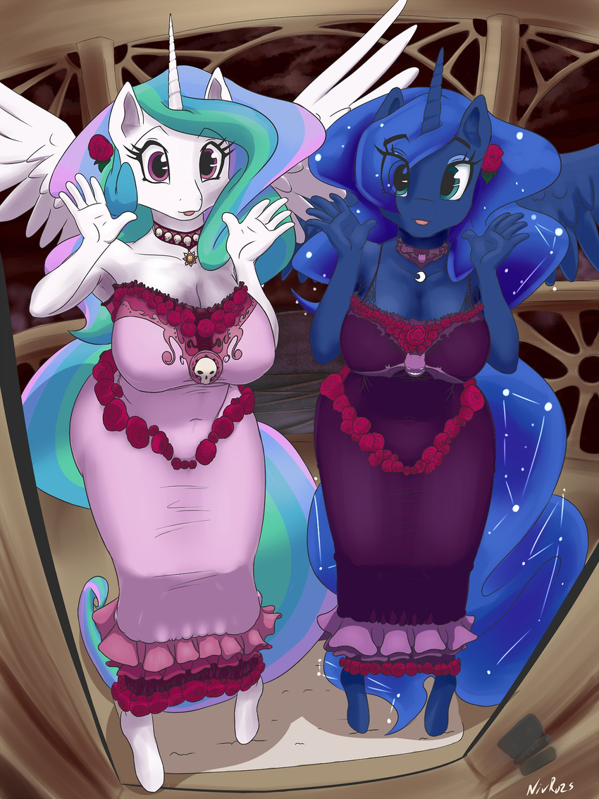 anthro breasts equine female friendship_is_magic horn horse my_little_pony nightmare_night nivrozs pony princess_celestia_(mlp) princess_luna_(mlp) smile winged_unicorn wings