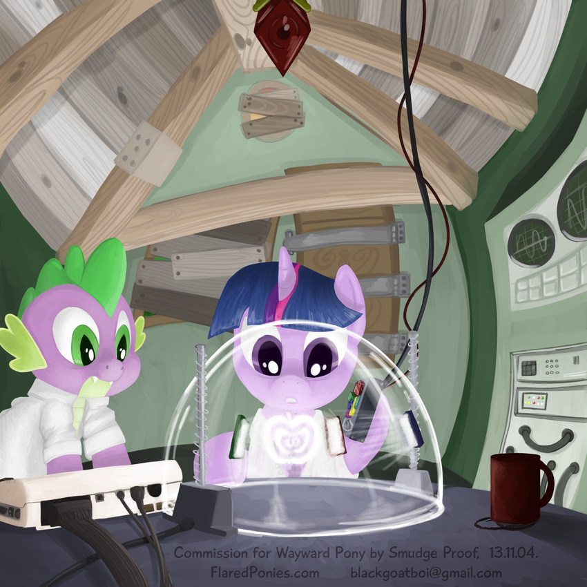 baggy_eyes coffee coffee_mug commodore_64 cover dragon duo english_text equine female friendship_is_magic fur green_eyes horn horse illustration machine male mammal mechanical my_little_pony pony purple_eyes purple_fur purple_scales science smudge_proof spike_(mlp) text twilight_sparkle_(mlp) unicorn unslept