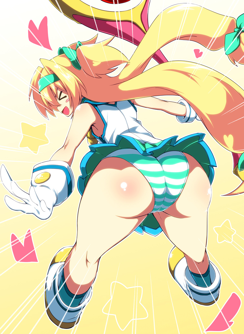 &gt;_&lt; :d ass bent_over blazblue blonde_hair blush_stickers closed_eyes from_behind gloves heart highres hip_attack kaname_nagi long_hair muchourin open_mouth panties platinum_the_trinity quad_tails skirt smile striped striped_panties underwear v-shaped_eyebrows very_long_hair xd
