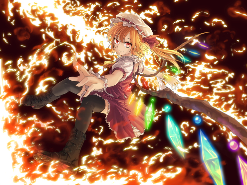ascot black_legwear blonde_hair boots fire flame flandre_scarlet freeze-ex hat laevatein red_eyes short_hair side_ponytail skirt skirt_set smile solo thighhighs touhou wings wrist_cuffs
