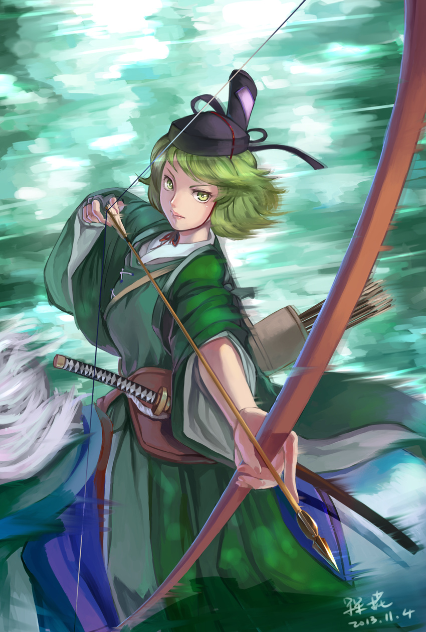 aiming arrow bow_(weapon) drawing_bow gloves green_eyes green_hair hat highres holding holding_arrow holding_bow_(weapon) holding_weapon horse horseback_riding japanese_clothes katana lleu long_sleeves looking_at_viewer outstretched_arm partly_fingerless_gloves riding short_hair single_glove soga_no_tojiko solo sword tate_eboshi touhou weapon wide_sleeves yugake