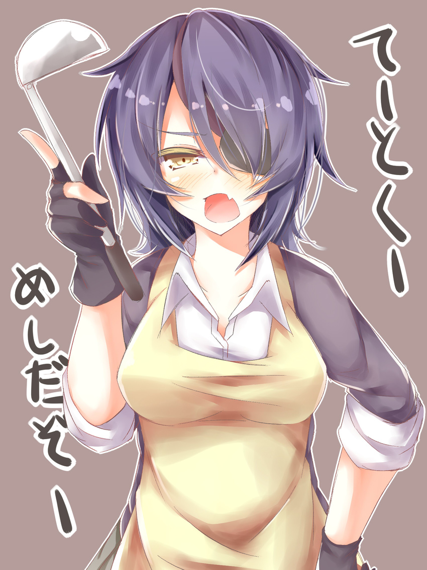 apron bad_id bad_pixiv_id blush eyepatch fang fingerless_gloves gloves hand_on_hip headwear_removed highres kantai_collection ladle neko_sensha open_mouth purple_hair short_hair solo tenryuu_(kantai_collection) translated yellow_eyes