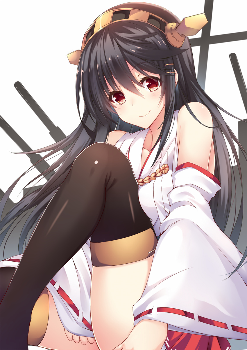 bare_shoulders black_hair black_legwear blush boots detached_sleeves hairband haruna_(kantai_collection) highres japanese_clothes kantai_collection kurifuto long_hair looking_at_viewer nontraditional_miko ribbon-trimmed_sleeves ribbon_trim skirt smile solo thigh_boots thighhighs wide_sleeves