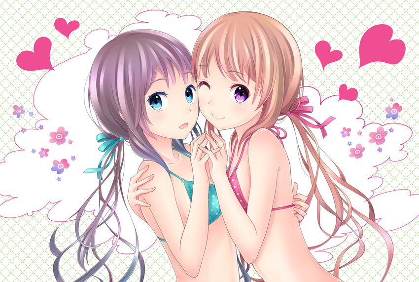 bangs bare_arms bare_shoulders bikini bikini_top black_hair blue_eyes brown_hair commentary_request eyebrows_visible_through_hair from_side heart long_hair looking_at_viewer looking_to_the_side mochi-pon multiple_girls one_eye_closed original purple_eyes siblings sisters smile swimsuit twintails upper_body yuri