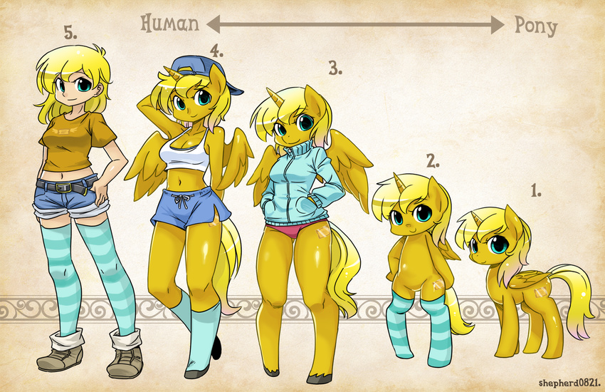 alicorn animal_ears aqua_eyes artist_name backwards_hat baseball_cap belt blonde_hair breasts buruma cleavage commentary commission cutie_mark directional_arrow english english_commentary feathered_wings furry golden_ticket_(da0krager) hands_in_pockets hat highres hooves horn horse_girl horse_legs horse_tail humanization jacket large_breasts looking_at_viewer midriff my_little_pony my_little_pony_friendship_is_magic navel original pegasus personification pigeon-toed pony shepherd0821 shorts smile standing striped striped_legwear tail tank_top thighhighs unicorn wings