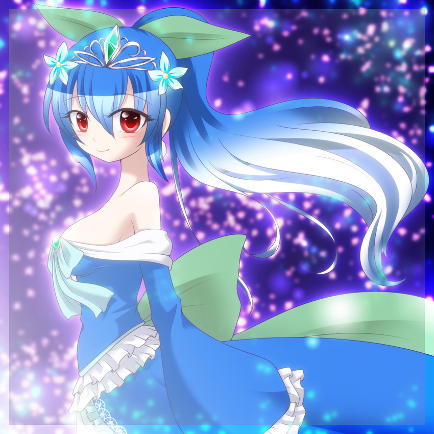 blue_dress blue_hair bow breasts dress earrings flower frills gem gen_2_pokemon gown hair_bow hair_flower hair_ornament highres jewelry jumpluff long_hair looking_at_viewer looking_to_the_side personification pokemon pokemon_(game) ponytail red_eyes shiratsuki smile solo strapless strapless_dress