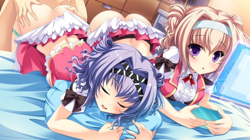 1boy 2girls absurdres ass ass_grab bed bent_over blush brown_hair clothed_sex doggystyle eyes_closed game_cg group_sex hairband highres looking_at_viewer multiple_girls open_mouth panties panty_pull pillow purple_eyes purple_hair sex short_hair skirt skirt_lift smile threesome underwear vaginal