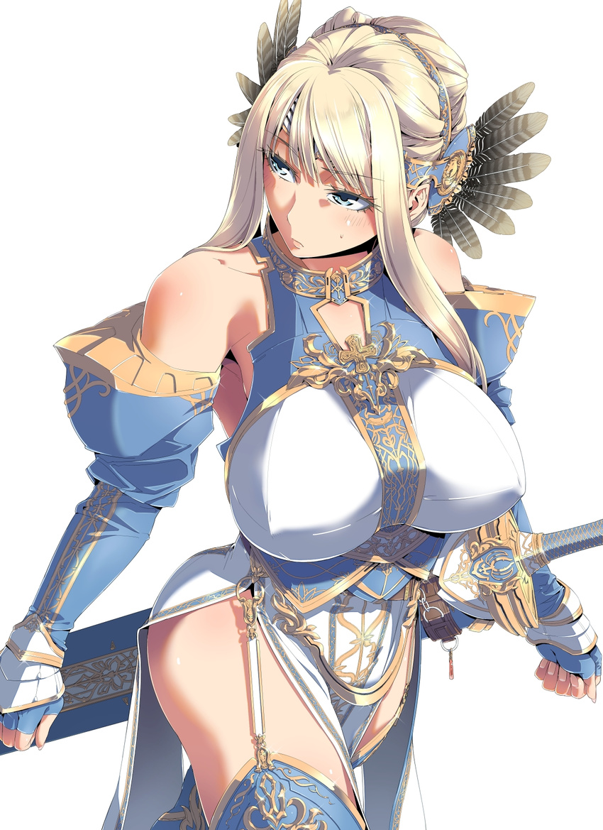 bare_shoulders blonde_hair breasts character_request detached_sleeves dress garter_straps hair_up highres large_breasts scabbard schelz sheath solo sword teppeki_no_megami thighhighs valkyrie weapon white_background