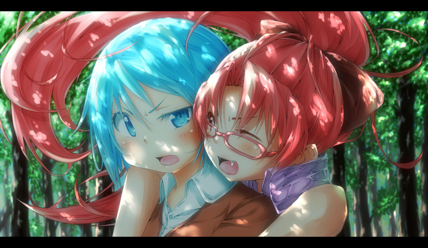;d annoyed bespectacled blue_eyes blue_hair bow casual fang forest glasses hair_bow hug hug_from_behind letterboxed long_hair mahou_shoujo_madoka_magica miki_sayaka multiple_girls nature one_eye_closed open_mouth ponytail red_eyes red_hair sakura_kyouko shade short_hair smile tree xxxx
