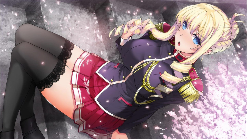 bertille_althusser black_legwear blonde_hair blue_eyes blush braid breasts cherry_blossoms drill_hair hair_bun highres katsurai_yoshiaki large_breasts miniskirt open_mouth pleated_skirt red_skirt school_uniform sitting skirt solo stairs stone_stairs thighhighs walkure_romanze