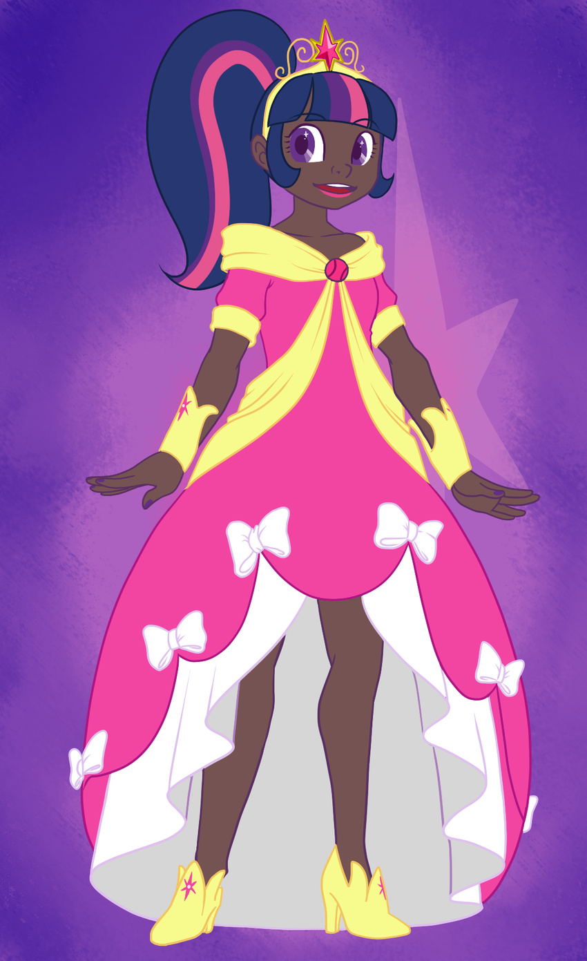 bow dark_skin dress high_heels highres humanization junk_(junko-tan) lips multicolored_hair my_little_pony my_little_pony_friendship_is_magic nail_polish open_mouth personification pink_hair ponytail purple_eyes purple_hair smile solo spoilers standing tiara twilight_sparkle