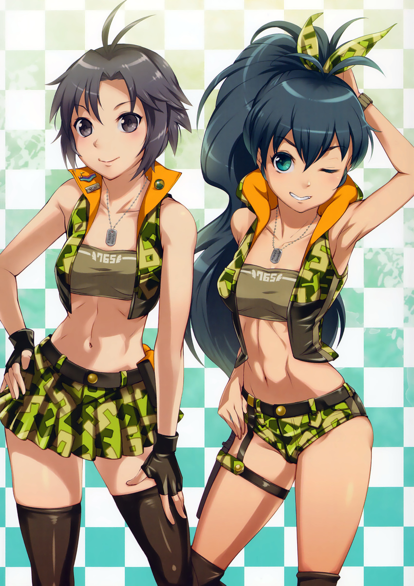 abs absurdres antenna_hair arm_up armpits badge bandeau black_eyes black_gloves black_hair black_legwear button_badge checkered checkered_background collarbone contrapposto dog_tags don_michael fingerless_gloves ganaha_hibiki gloves green_eyes grin hand_on_hip highres hood hoodie idolmaster idolmaster_(classic) kikuchi_makoto long_hair looking_at_viewer midriff multiple_girls navel one_eye_closed over-kneehighs pleated_skirt scan shirt short_hair short_shorts shorts skindentation skirt smile standing stomach strapless taut_clothes taut_shirt thigh_strap thighhighs very_long_hair vest wristband