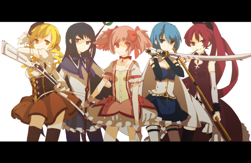 akemi_homura gun highres kaname_madoka lemontea magical_girl mahou_shoujo_madoka_magica miki_sayaka multiple_girls pantyhose sakura_kyouko sword thighhighs tomoe_mami weapon