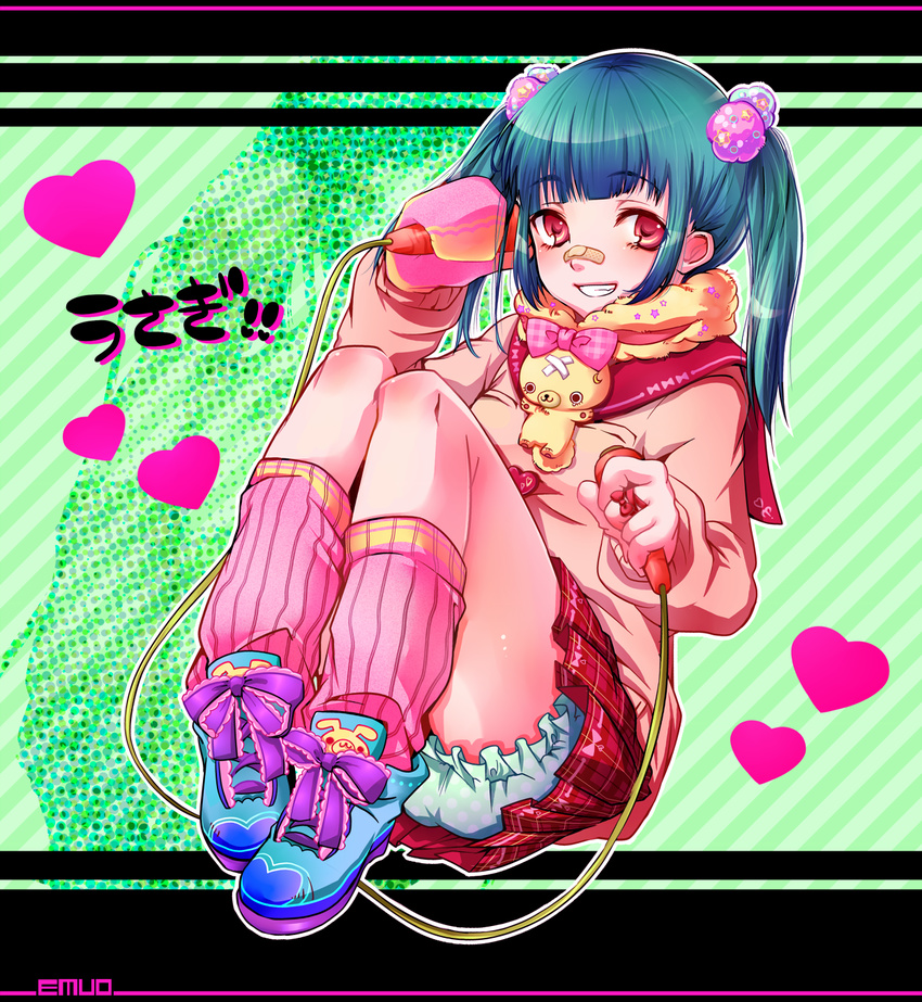 bandaid bandaid_on_nose bloomers blue_hair emu_(trigger) grin halftone heart highres jump_rope original pleated_skirt red_eyes shoes skirt smile sneakers solo twintails underwear