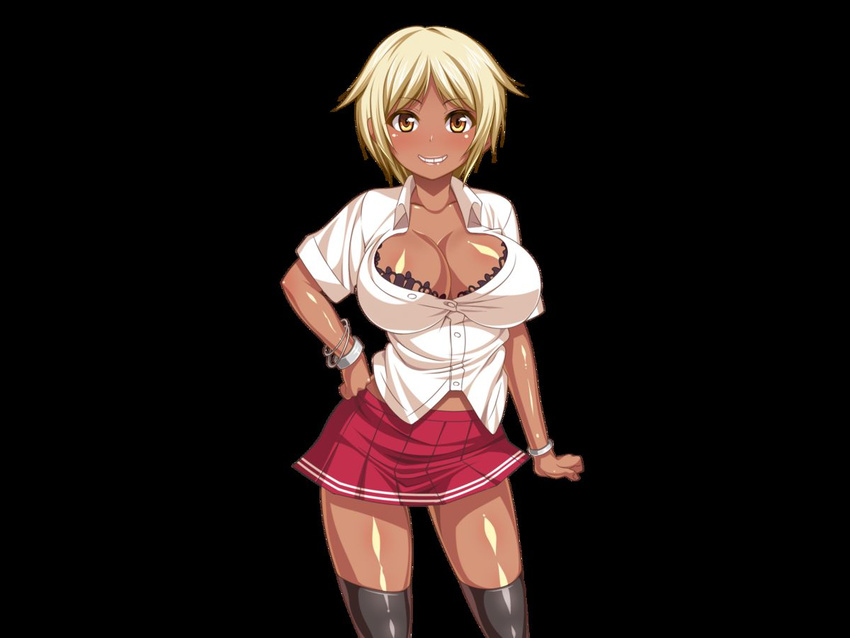 black_background blonde_hair breasts dark_skin inran_yankee large_breasts simple_background smile toriihime