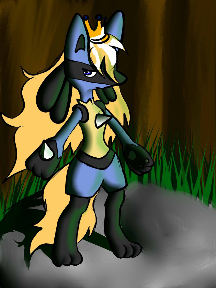 blonde_hair blue_eye blue_eyes blue_skin crossgender crown forest gras grass hair invalid_color lucario mckraven nintendo pok&#233;mon pok&eacute;mon princess_lucario rock tree video_games wobbuffet