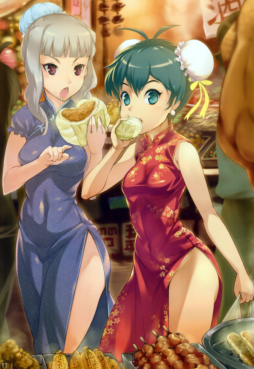 2girls absurdres alternate_hairstyle baozi black_hair blue_dress blue_eyes bun_cover china_dress chinese_clothes corn covered_navel don_michael double_bun dress drooling dumpling earrings eating food food_in_mouth food_on_face ganaha_hibiki hair_bun highres idolmaster idolmaster_(classic) jewelry kebab meat multiple_girls no_bra no_panties open_mouth pointing purple_eyes red_dress scan shijou_takane side_slit silver_hair steam taut_clothes