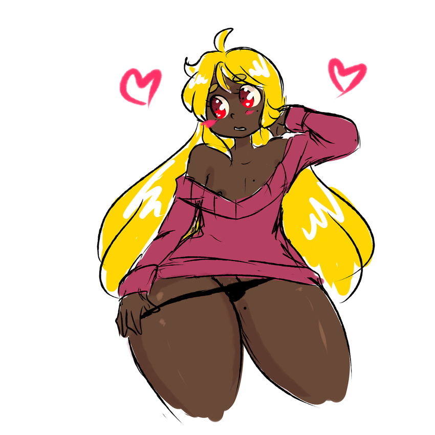 1boy ahoge androgynous blonde_hair blush dark_skin ganguro genderswap highres kirbila_(yellow_kirby) long_hair male male_focus mole nipple nipples red_eyes simple_background sweater thick_thighs thighs thong trap white_background wide_hips yellow_kirby