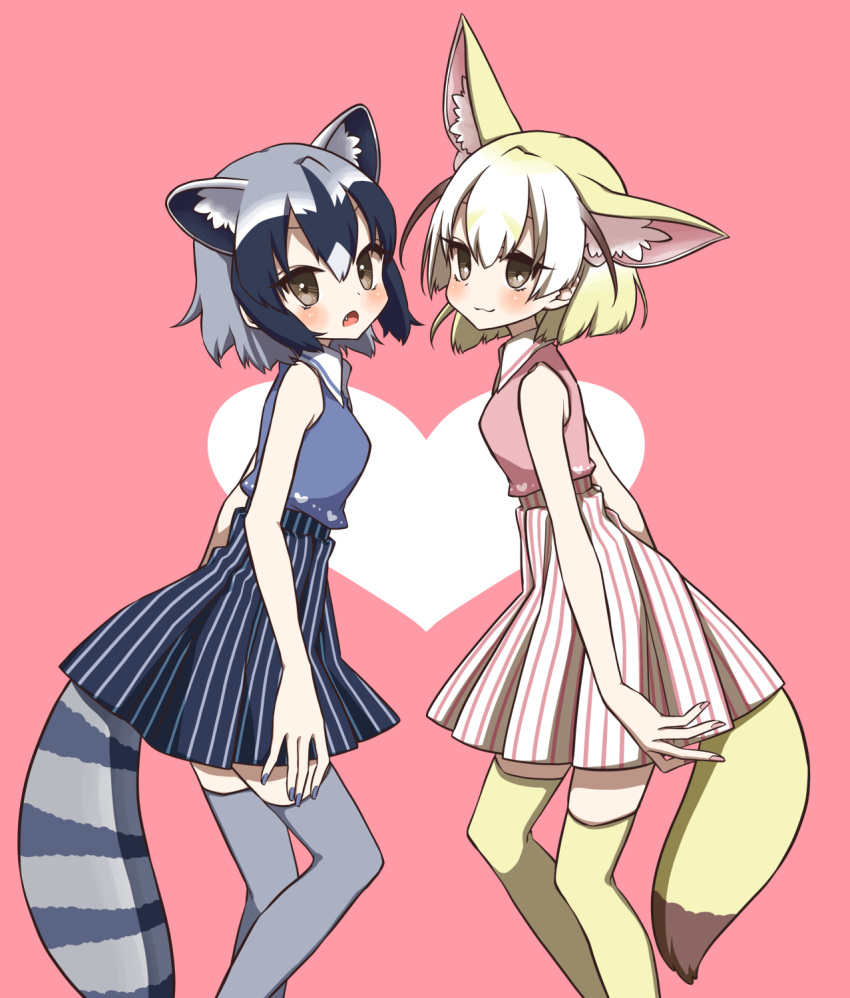 2girls :3 adapted_costume animal_ear_fluff animal_ears bare_arms bare_shoulders blonde_hair blue_hair blush collared_shirt commentary common_raccoon_(kemono_friends) cowboy_shot extra_ears eyebrows_visible_through_hair fang fennec_(kemono_friends) fox_ears fox_tail heart heart_background high-waist_skirt highres kemono_friends matching_outfit multicolored_hair multiple_girls nail_polish open_mouth petit_ramune pink_background raccoon_ears raccoon_tail shirt short_hair simple_background skirt sleeveless striped striped_skirt tail thighhighs zettai_ryouiki