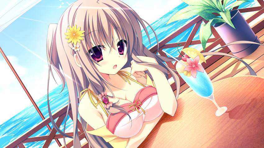 brown_hair drink game_cg hontani_kanae karumaruka_circle long_hair narumi_an purple_eyes saga_planets water