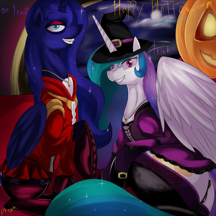 dragk duo equine female feral friendship_is_magic halloween holidays horn horse mammal my_little_pony nightmare_night pony princess_celestia_(mlp) princess_luna_(mlp) pussy smile winged_unicorn wings