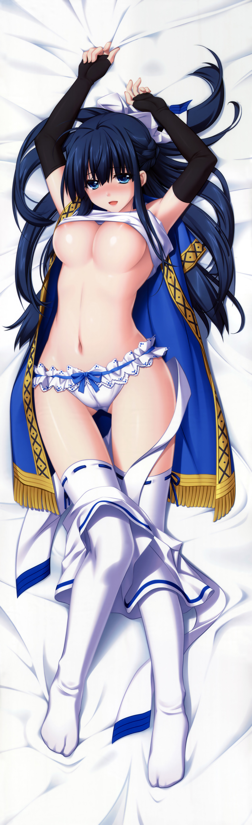 :d absurdres areolae arms_up bed_sheet black_gloves blue_eyes blue_hair blush braid breasts cape cleavage dakimakura elbow_gloves full-face_blush full_body gloves half_updo highres large_breasts liselle_l'lourson long_hair lying madou_koukaku navel on_back open_mouth panties ribbon-trimmed_legwear ribbon_trim scan sheet_grab shirt_lift skirt skirt_pull smile solo thighhighs underboob underwear white_legwear white_panties yakuri