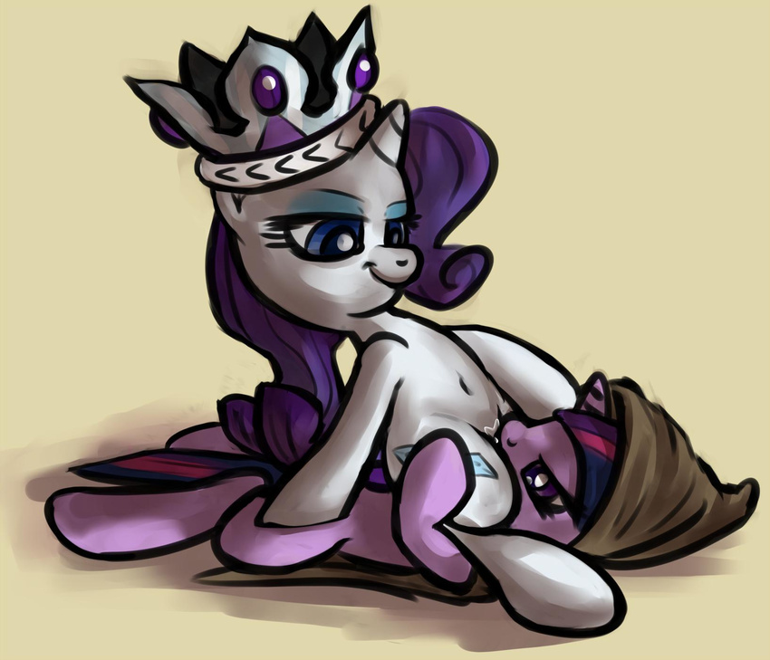 crown cunnilingus cutie_mark duo equine eyeshadow female feral friendship_is_magic fur hair horn horse lesbian long_hair lying makeup mammal my_little_pony navel on_back on_top oral oral_sex pony purple_eyes purple_fur purple_hair rarity_(mlp) sex sitting twilight_sparkle_(mlp) unicorn unknown_artist vaginal white_fur