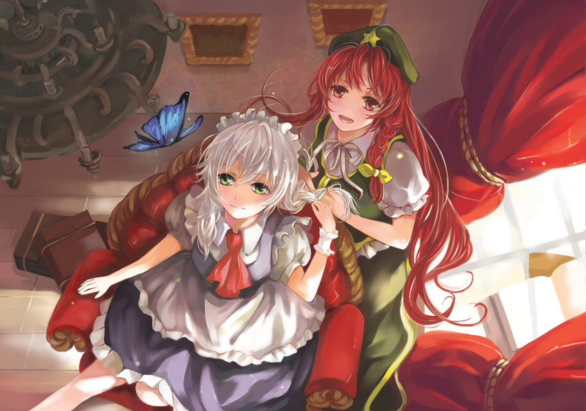 absurdres alternate_eye_color apron ascot book braid braiding_hair bug butterfly chair curtains from_above green_eyes hairdressing highres hong_meiling indoors insect izayoi_sakuya keikaj maid_headdress multiple_girls open_mouth red_eyes red_hair short_sleeves silver_hair smile sunlight touhou twin_braids waist_apron window