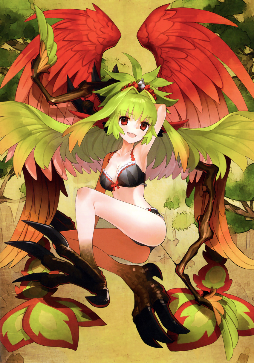 :d absurdres arm_up armpits ass bird_wings black_bra black_panties bow bow_(weapon) bow_bra bow_panties bra breasts cleavage fang feathered_wings feathers frilled_bra frilled_panties frills full_body genkai_tokki_monster_monpiece gradient_hair green_hair hair_intakes harpy head_wings headdress highres large_breasts long_hair monster_girl multicolored_hair nature official_art open_mouth outdoors panties ponytail red_eyes scan sidelocks smile solo suzaku_(genkai_tokki_monster_monpiece) talons underwear underwear_only very_long_hair wada_aruko weapon wings