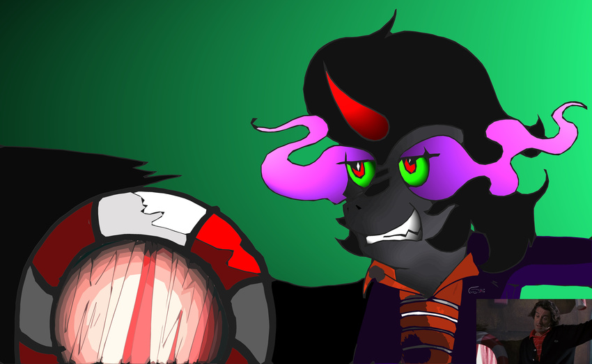 absurd_res anthro black_hair clothing equine esprites eye_mist feral friendship_is_magic green_eyes hair hi_res horn horse human king_sombra_(mlp) looking_at_viewer male mammal my_little_pony nightmare_fuel parody photo pony real red_eyes smile solo what what_has_science_done