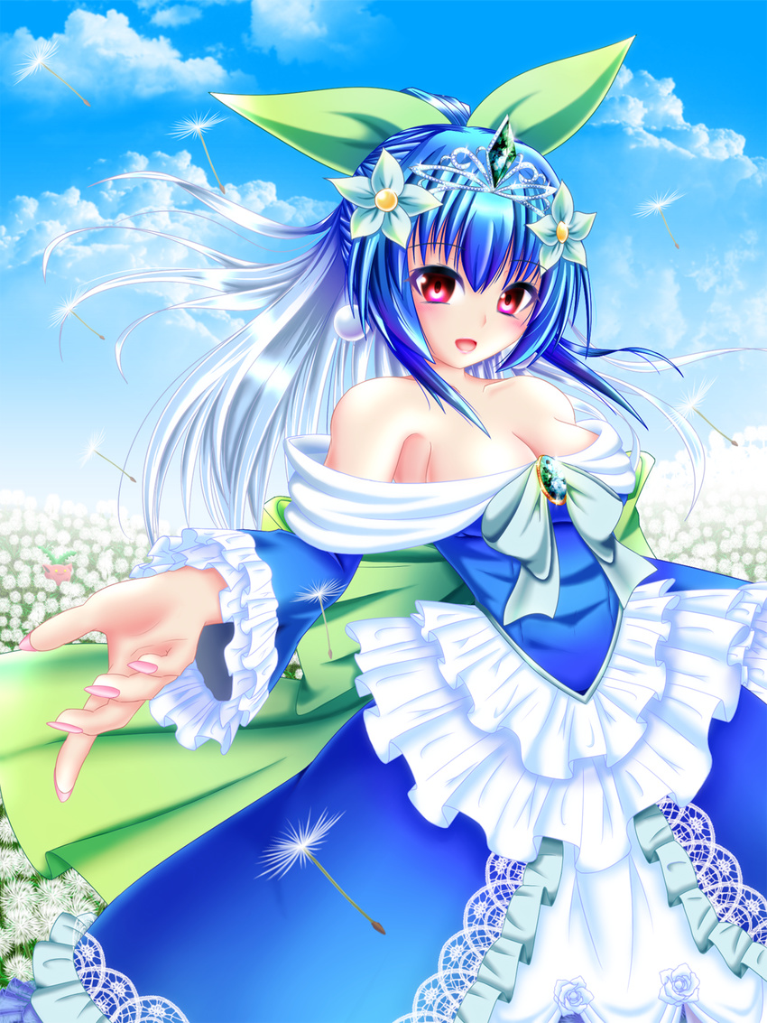 blue_dress blue_hair bow breasts cleavage cloud dandelion day dress earrings eyeshadow field flower flower_field frills gem gen_2_pokemon gown hair_bow hair_flower hair_ornament highres hoppip jewelry jumpluff lipstick long_hair looking_at_viewer makeup medium_breasts nail_polish noperia open_mouth outstretched_arm personification pink_nails pokemon ponytail red_eyes sky solo
