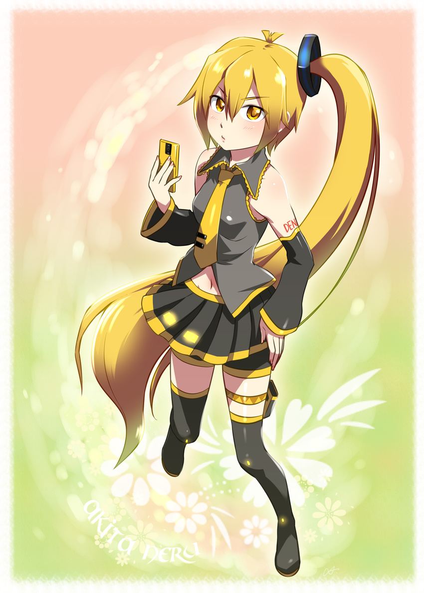 akita_neru blonde_hair boots caffein character_name detached_sleeves highres long_hair navel necktie side_ponytail solo thigh_boots thighhighs vocaloid yellow_eyes yellow_neckwear