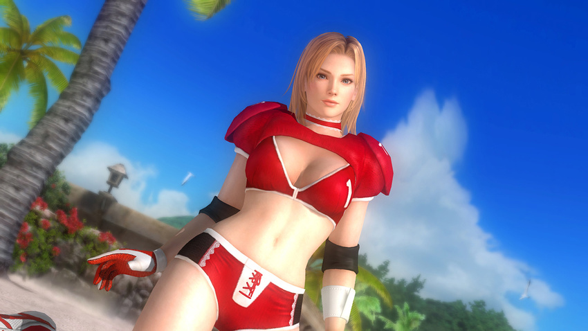 beach blonde_hair blue_eyes breasts dead_or_alive dead_or_alive_5 gloves hot_pants large_breasts official_art short_shorts shorts shoulder_pads tina_armstrong