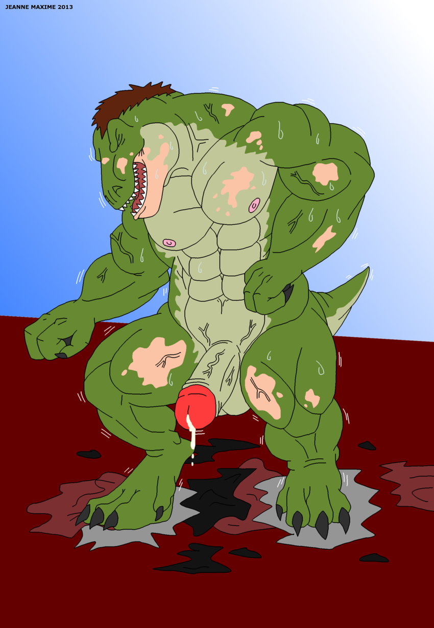 abs anthro balls biceps big_muscles big_penis brown_hair claws clothing cum cum_string dinosaur erection eyes_closed fangs flexing green_skin growth hair human humanoid_penis leaking male mammal maxime-jeanne muscles nipples nude open_mouth pecs penis pose precum presenting reptile ripped scales scalie sheath slit solo standing sweat teeth theropod toe_claws toned tongue topless torn_clothing transformation tyrannosaurus_rex vein veiny_penis