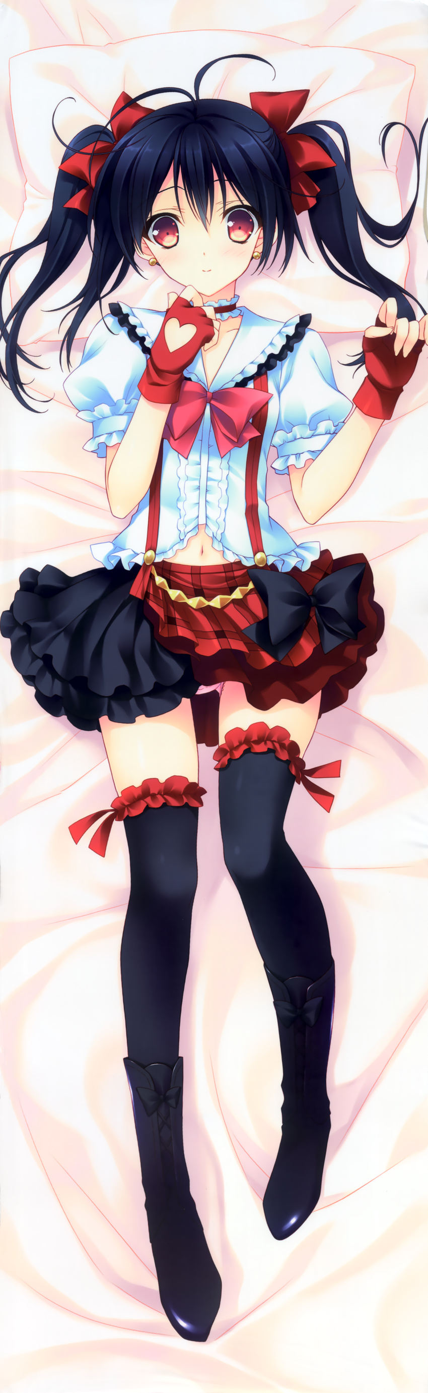absurdres bed bed_sheet black_hair black_legwear blouse blush bokura_wa_ima_no_naka_de bow dakimakura earrings fingerless_gloves from_above full_body gloves hair_bow highres huge_filesize jewelry legs looking_at_viewer love_live! love_live!_school_idol_project lying on_back on_bed on_stomach panties pantyshot pink_panties red_eyes red_gloves solo suzuhira_hiro thighhighs twintails underwear yazawa_nico
