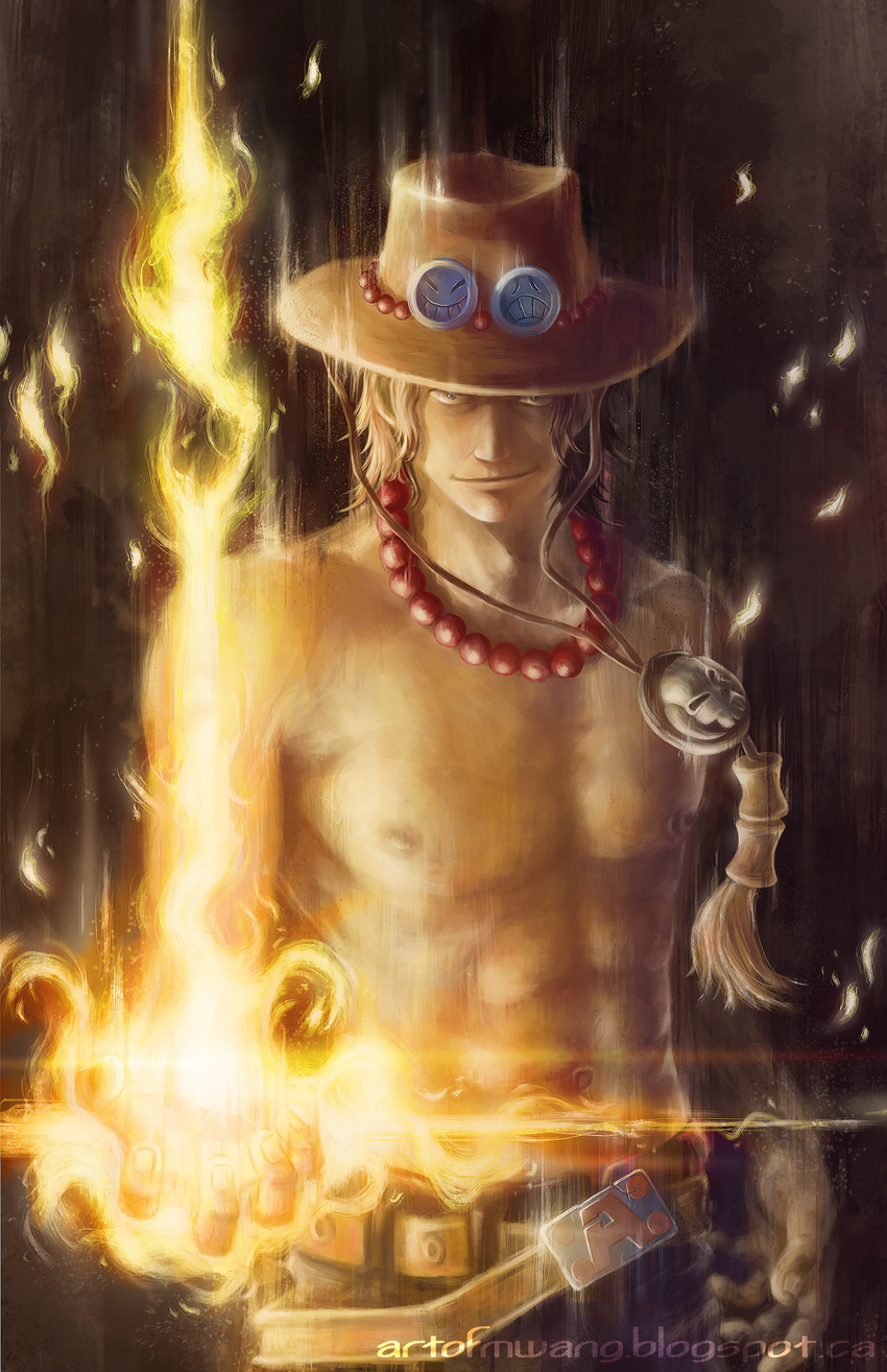 abs absurdres belt black_hair buckle cowboy_hat fire goggles goggles_on_headwear hat highres huge_filesize jewelry lens_flare male_focus mikael_wang necklace one_piece portgas_d_ace shirtless skull smile solo watermark web_address