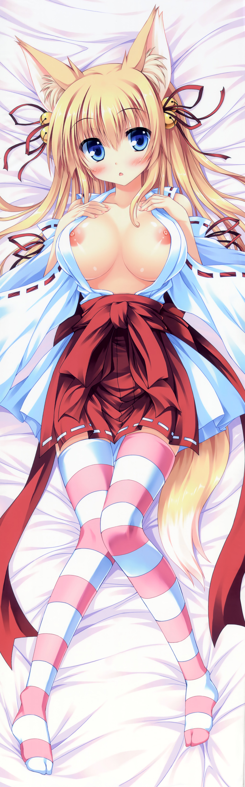 absurdres animal_ears bell blonde_hair blue_eyes blush breast_suppress breasts dakimakura fox_ears fox_tail hair_bell hair_ornament highres huge_filesize japanese_clothes kimono knees_together_feet_apart large_breasts legs long_hair nipple_slip nipples nontraditional_miko open_clothes open_mouth open_shirt original ribbon-trimmed_clothes ribbon-trimmed_sleeves ribbon_trim shirt solo striped striped_legwear tail tateha_(marvelous_grace) thighhighs very_long_hair