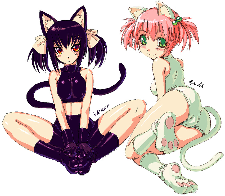 :&lt; animal_ears bangs bike_shorts black_hair bosshi bow breast_squeeze breasts butterfly_sitting cat_ears cat_tail crop_top fang gloves green_eyes hair_bobbles hair_bow hair_ornament hands_on_feet looking_at_viewer looking_back medium_breasts moe_(bosshi) multiple_girls oekaki older orange_eyes original paw_shoes pink_hair shoes short_twintails sitting smile tail teenage tight twintails v_arms white_background yu_(bosshi)