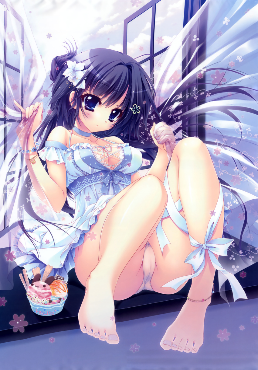 :3 :o absurdres anklet bare_legs barefoot blue_eyes blush bracelet breasts cleavage curtains dress food full_body halterneck highres huge_filesize ice_cream izumi_tsubasu jewelry knees_up looking_at_viewer medium_breasts panties pantyshot pantyshot_(sitting) parted_lips pinky_out purple_hair sitting solo tareme toes underwear white_panties window