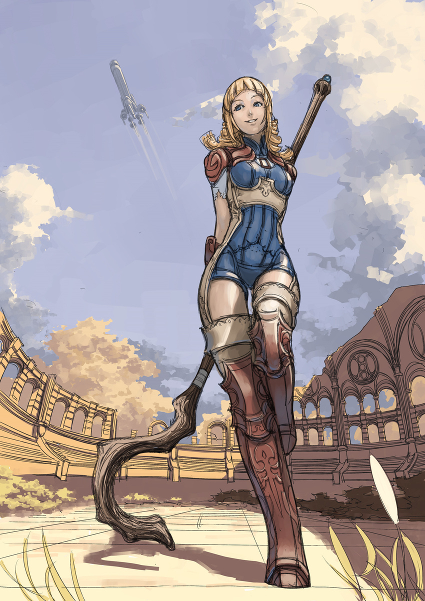 aircraft airship bangs blonde_hair blue_eyes blunt_bangs bodysuit boots braid brown_footwear cloud day final_fantasy final_fantasy_xii highres long_hair ocean_(moguyobi) penelo sky smile solo staff thighhighs twin_braids twintails