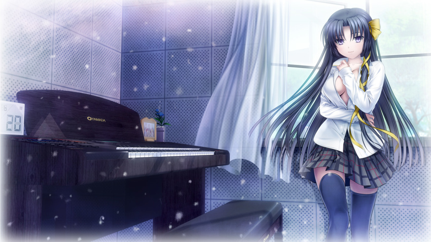 black_hair breasts kurugaya_yuiko little_busters! long_hair moonknives no_bra open_shirt purple_eyes seifuku thighhighs